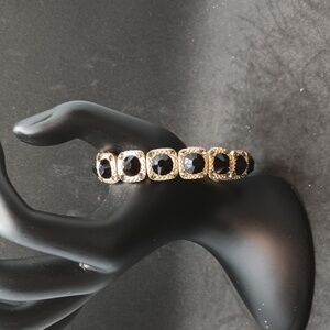 Gold tone black rhinestone beaded stretch bracelet